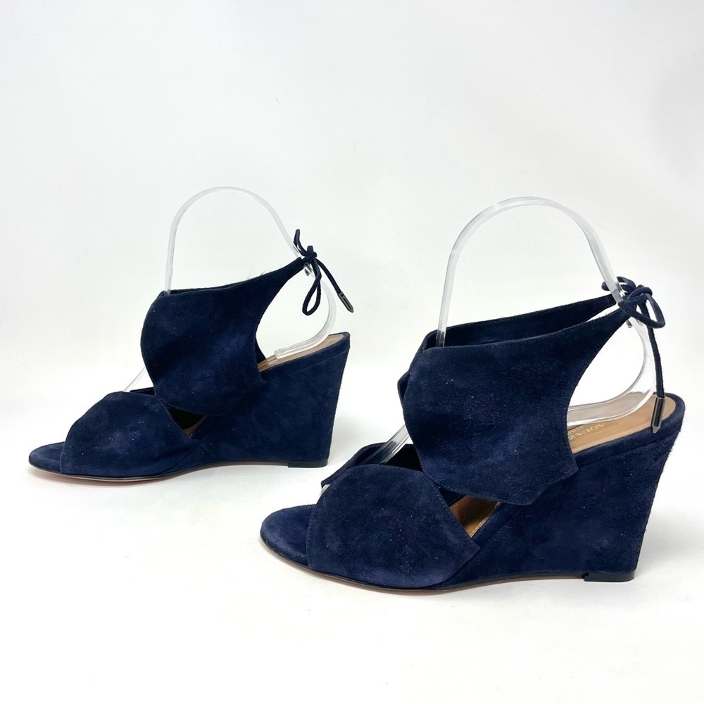 Aquazzura Iman Blue Suede Cutout Wedge Sandals Size 37.5 as seen Julianne Moore - Picture 8 of 13
